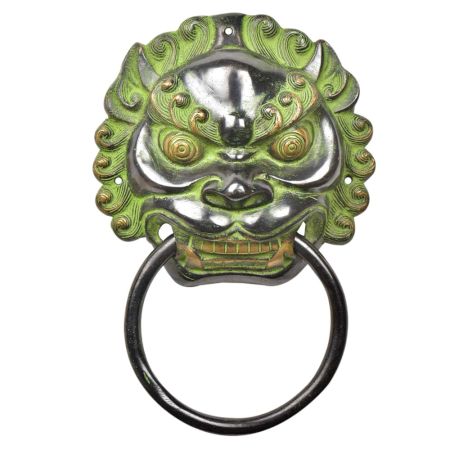Black Brass Foo Fu Dog Lion Head Ring Door Knocker With Patina